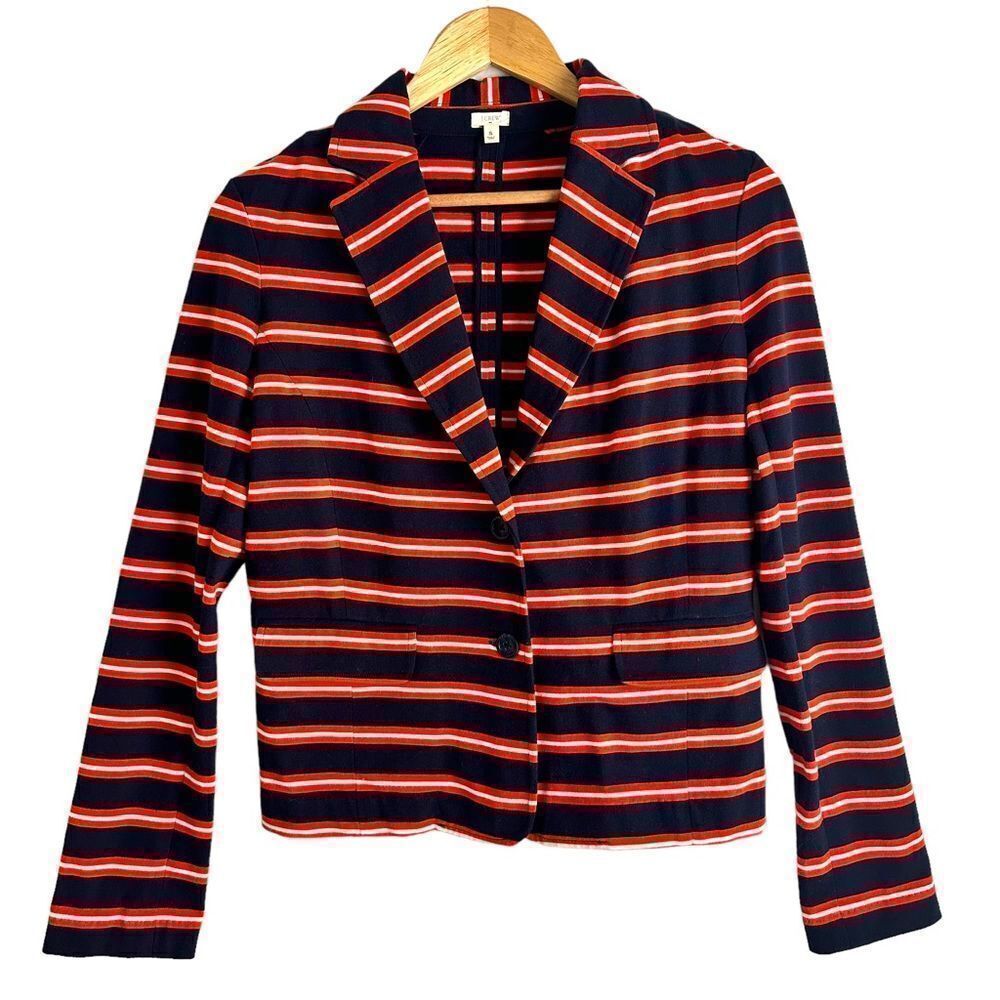 J Crew Factory Navy and Orange Striped 100% Cotton Two Button Blazer Size S